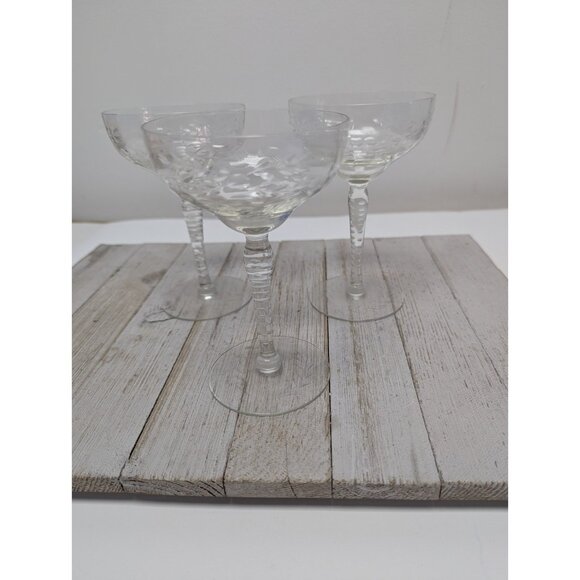 None Other - Set Of 3 Vintage Flower Etched Crystal Sherbet Champagne Glasses 5 7/8” Clear